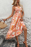 Vestido midi de verano con cuello cuadrado estampado en naranja
