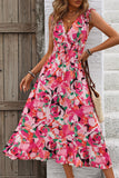 Vestido de verano midi floral fucsia con escote en V