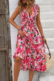 Vestido de verano midi floral fucsia con escote en V