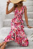 Vestido de verano midi floral fucsia con escote en V