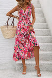 Vestido de verano midi floral fucsia con escote en V