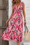 Vestido de verano midi floral fucsia con escote en V