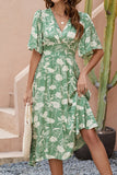 Vestido de verano con escote en V estampado verde