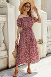 Vestido largo de verano floral burdeos con hombros descubiertos