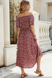 Vestido largo de verano floral burdeos con hombros descubiertos