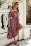 Vestido largo de verano floral burdeos con hombros descubiertos