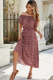 Vestido largo de verano floral burdeos con hombros descubiertos