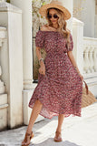 Vestido largo de verano floral burdeos con hombros descubiertos
