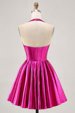 Vestido de regreso a casa plisado halter fucsia metalizado