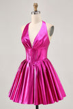 Vestido de regreso a casa plisado halter fucsia metalizado