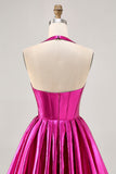 Vestido de regreso a casa plisado halter fucsia metalizado