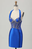 Vestido de satén sin espalda Bodycon azul real con pedrería