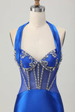 Vestido de satén sin espalda Bodycon azul real con pedrería