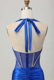 Vestido de satén sin espalda Bodycon azul real con pedrería