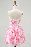 Vestido de regreso a casa estampado con corsé sin tirantes de flores rosas con lentejuelas