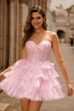 Vestido de fiesta corto corsé sin tirantes con lentejuelas en capas rosas