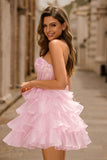 Vestido de fiesta corto corsé sin tirantes con lentejuelas en capas rosas
