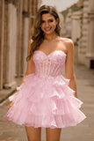 Vestido de fiesta corto corsé sin tirantes con lentejuelas en capas rosas