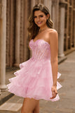 Vestido de fiesta corto corsé sin tirantes con lentejuelas en capas rosas