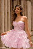 Vestido de fiesta corto corsé sin tirantes con lentejuelas en capas rosas