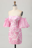 Vestido de regreso a casa floral rosa con hombros descubiertos y mangas desmontables