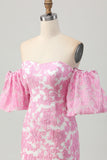 Vestido de regreso a casa floral rosa con hombros descubiertos y mangas desmontables
