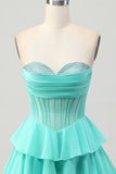 Vestido de regreso a casa con corsé de novia verde A Line con abalorios