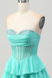 Vestido de regreso a casa con corsé de novia verde A Line con abalorios