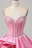 Vestido de regreso a casa con corsé de satén rosa Bodycon Sweetheart con pedrería