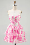 Corsé sin tirantes de línea A Vestido corto de regreso a casa floral fucsia
