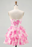 Corsé sin tirantes de línea A Vestido corto de regreso a casa floral fucsia