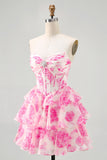 Corsé sin tirantes de línea A Vestido corto de regreso a casa floral fucsia
