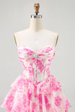 Corsé sin tirantes de línea A Vestido corto de regreso a casa floral fucsia