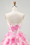 Corsé sin tirantes de línea A Vestido corto de regreso a casa floral fucsia
