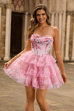 Vestido de fiesta corto con corsé sin tirantes de línea A con flores rosas