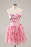 Vestido de fiesta corto con corsé sin tirantes de línea A con flores rosas