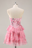 Vestido de fiesta corto con corsé sin tirantes de línea A con flores rosas