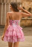 Vestido de fiesta corto con corsé sin tirantes de línea A con flores rosas
