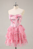 Vestido de fiesta corto con corsé sin tirantes de línea A con flores rosas