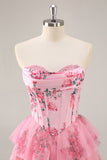 Vestido de fiesta corto con corsé sin tirantes de línea A con flores rosas