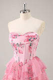 Vestido de fiesta corto con corsé sin tirantes de línea A con flores rosas
