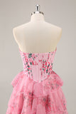 Vestido de fiesta corto con corsé sin tirantes de línea A con flores rosas