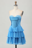 Corsé azul escalonado Una línea Vestido corto de regreso a casa sin tirantes