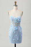 Corsé Bodycon Azul Lentejuelas Vestido Corto de Regreso a Casa con Flores 3D