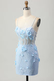 Corsé Bodycon Azul Lentejuelas Vestido Corto de Regreso a Casa con Flores 3D