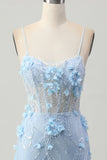 Corsé Bodycon Azul Lentejuelas Vestido Corto de Regreso a Casa con Flores 3D