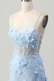 Corsé Bodycon Azul Lentejuelas Vestido Corto de Regreso a Casa con Flores 3D