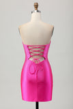 Vestido de regreso a casa con cuentas sin tirantes sin tirantes fucsia
