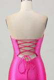 Vestido de regreso a casa con cuentas sin tirantes sin tirantes fucsia