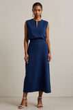 Vestido de trabajo maxi con cuello redondo y vaina azul marino